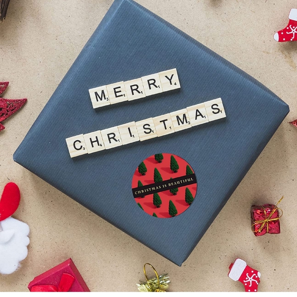 C - 50  Stickers , Christmas is Beautiful Red Base Design with Gold Foil